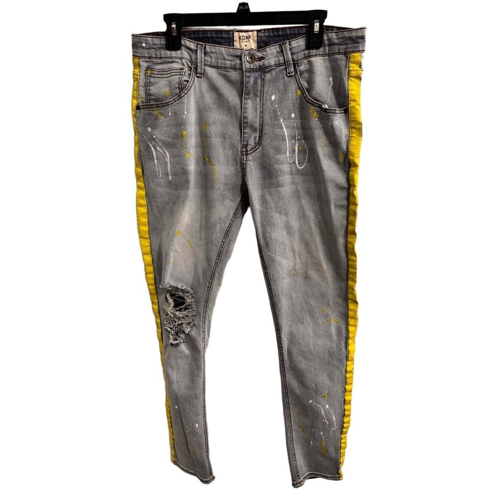 KDNK Distressed Jeans with Neon Side Stripe & Paint‎ Splatter – Size 38 Thrashed